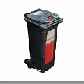 Black Trash Bin With Wheels And Red Label For Waste Management