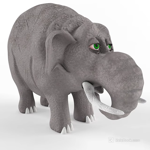 Gray Woolly Mammoth 3D Character With Green Eyes And White Tusks 3d model 