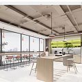 Modern Office Break Room With Large Windows City View Wooden Counter And Green Plants