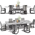 Modern Dining Table Set with Marble Tabletop Grey Upholstered Chairs and Potted Plant