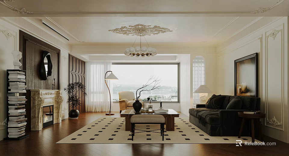 Modern Living Room Interior With Large Window Chandelier Black Sofa Coffee Table And Fireplace 3d model 