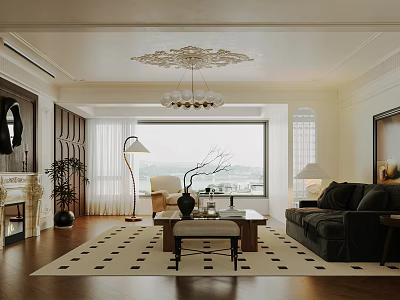 Modern Living Room Interior With Large Window Chandelier Black Sofa Coffee Table And Fireplace 3d model