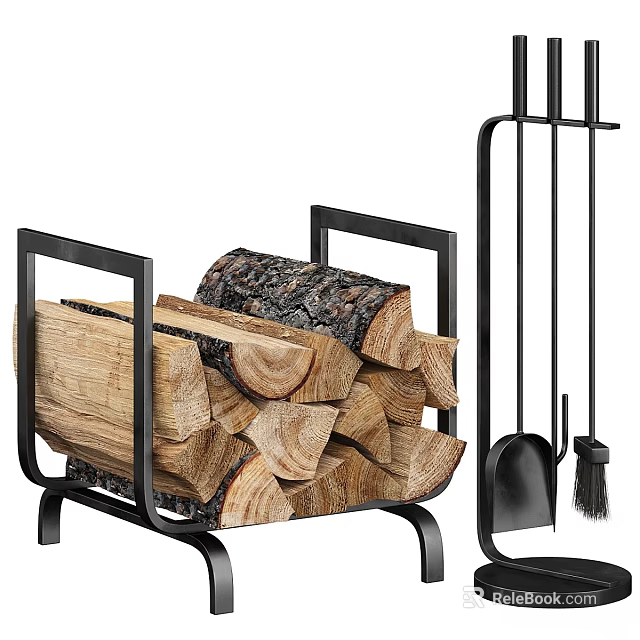 Fireplace Essential Setup Featuring Metal Log Holder Stacked Firewood And Tools 3d model 