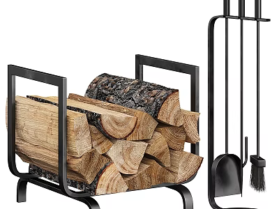 Fireplace Essential Setup Featuring Metal Log Holder Stacked Firewood And Tools 3d model