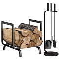 Fireplace Essential Setup Featuring Metal Log Holder Stacked Firewood And Tools 3d model