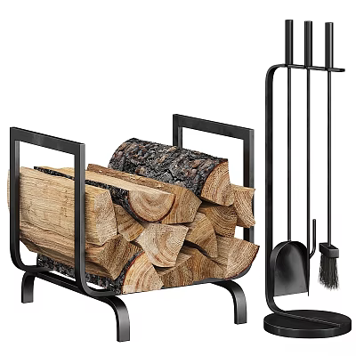 Fireplace Essential Setup Featuring Metal Log Holder Stacked Firewood And Tools 3d model