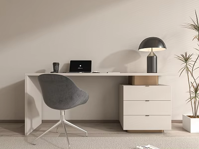 Modern Home Office Desk With Gray Chair Laptop Black Table Lamp And Green Plant 3d model