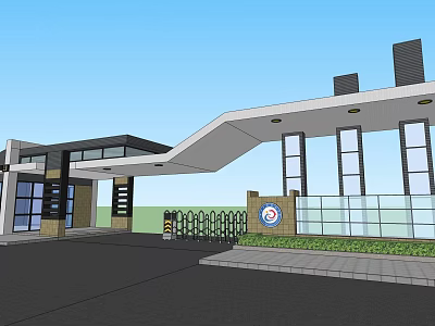 Modern Entrance Gate Design With Glass Facade Metal Fence And Circular Emblem 3d model