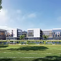 Modern Industrial Park with Spacious Plaza Green Lawns Trees People Walking Cars Parking