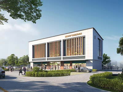 Modern Community Building Exterior With Wooden Strip Facade Greenery Pedestrians And Vehicles 3d model