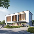 Modern Community Building Exterior With Wooden Strip Facade Greenery Pedestrians And Vehicles