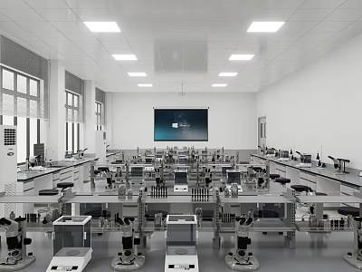 Modern Scientific Laboratory With Advanced Equipment Lab Benches And Large Screen 3d model