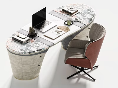 Modern Office Desk With Laptop Coffee Cup Notebooks And Grey Red Chair 3d model