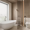 Modern Wood Accented Bathroom With Freestanding Bathtub Toilet Glass Shower