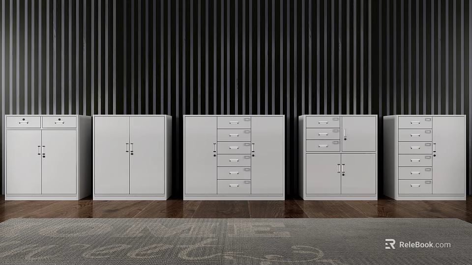 Gray Bookcase With Drawers And Doors In Dark Vertical Striped Wall Wooden Floor Interior 3d model 