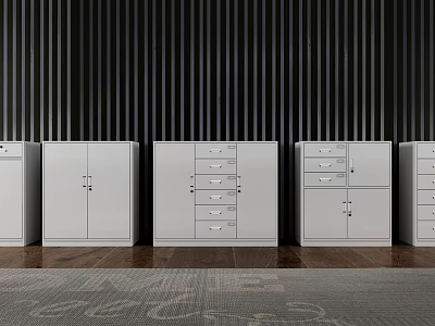 Gray Bookcase With Drawers And Doors In Dark Vertical Striped Wall Wooden Floor Interior 3d model