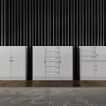 Gray Bookcase With Drawers And Doors In Dark Vertical Striped Wall Wooden Floor Interior