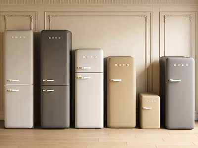 Various Colors Retro Style Refrigerators and Freezers Display in Modern Kitchen 3d model