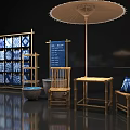 Oriental Art Installation Featuring Blue White Patterns Wooden Frames Screens And Display Shelves