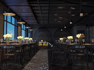Elegant Restaurant Interior With Long Dining Tables Flower Vases Hanging Lights And Large Windows 3d model