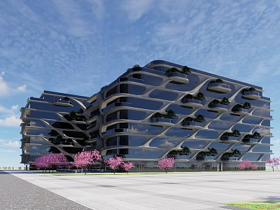 Modern Architectural Building With Unique Curved Glass Facade And Pink Flowering Trees 3d model