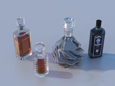 Glass Liquor Bottles in Various Shapes and Colors Including Transparent and Dark Blue 3d model