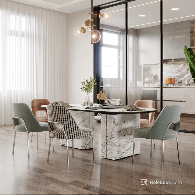 Marble Dining Table with Light Green Brown Checkered Chairs Pendant Lights in Bright Open Kitchen 3d model