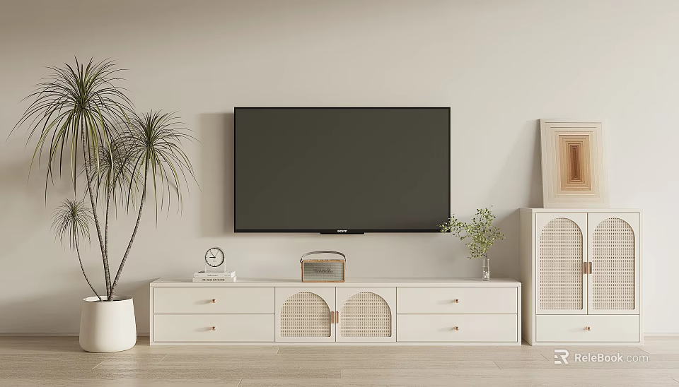 Modern White TV Stand Design With Drawers Cabinets Mounted TV And Potted Plants 3d model 