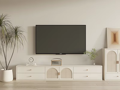Modern White TV Stand Design With Drawers Cabinets Mounted TV And Potted Plants 3d model