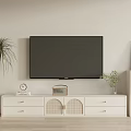 Modern White TV Stand Design With Drawers Cabinets Mounted TV And Potted Plants