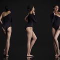 Women In Black One Shoulder Bodysuits Striking Different Poses Barefoot Against Black Background