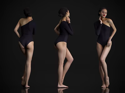 Women In Black One Shoulder Bodysuits Striking Different Poses Barefoot Against Black Background 3d model