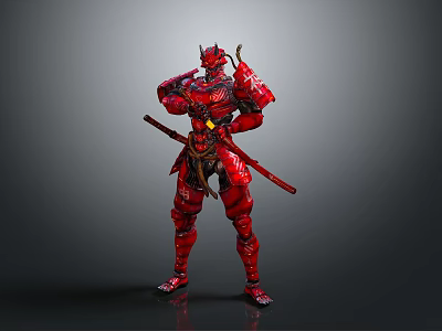 Red Samurai Character in Traditional Armor Holding Two Swords Posing in Combat Stance 3d model