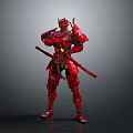 Red Samurai Character in Traditional Armor Holding Two Swords Posing in Combat Stance