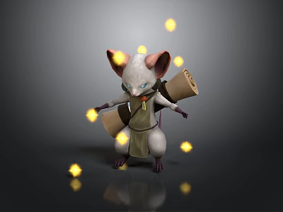 Cute White Cartoon Mouse Character With Big Ears Blue Eyes Scroll And Yellow Glowing Lights 3d model