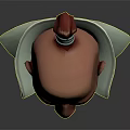 3D Character With Bald Head Red Topknot Blue Eyes Green Collar And Neck Buttons