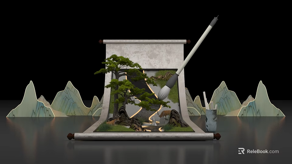 Traditional Chinese Ink Scroll Scene With Pine Tree Brush Mountain Peaks And Stream 3d model 