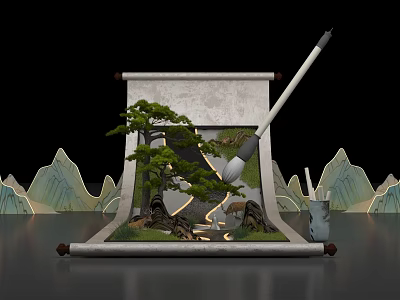 Traditional Chinese Ink Scroll Scene With Pine Tree Brush Mountain Peaks And Stream 3d model