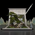 Traditional Chinese Ink Scroll Scene With Pine Tree Brush Mountain Peaks And Stream
