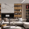 Elegant Modern Dining Living Room Interior With Golden Pendant Lights Wooden Shelves And Dining Table