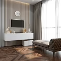 Modern Study Room Interior Design With Vertical Striped Wallpaper Round Clock White Furniture Herringbone Floor