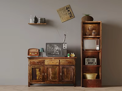 Vintage Furniture Display With Retro TV Radio Wooden Cabinet Bookshelf And Decorative Painting 3d model