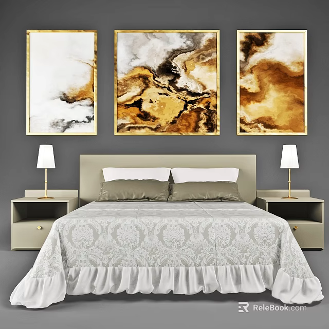 Double Bed with Light Colored Bedding Abstract Paintings Nightstands and Table Lamps 3d model 