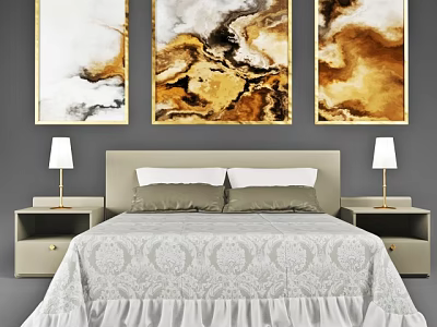 Double Bed with Light Colored Bedding Abstract Paintings Nightstands and Table Lamps 3d model
