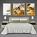 Double Bed with Light Colored Bedding Abstract Paintings Nightstands and Table Lamps