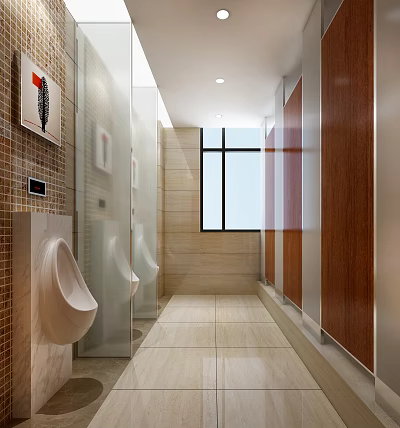 Public Restroom Interior Design With Urinals Stalls Tiled Walls And Light Colored Flooring 3d model