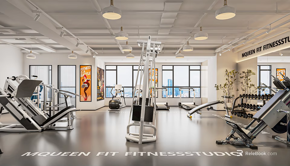 Modern Queen Fit Fitness Studio With Well Equipped Exercise Equipment And Machines 3d model 