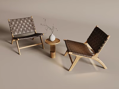 Stylish Woven and Leather Lounge Chairs with Wooden Frame Small Side Table and Decorative Vase 3d model