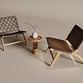 Stylish Woven and Leather Lounge Chairs with Wooden Frame Small Side Table and Decorative Vase