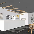 Modern Café Interior Featuring Wooden Counter Open Shelves Neon Coffee Cup Sign And Pendant Lights